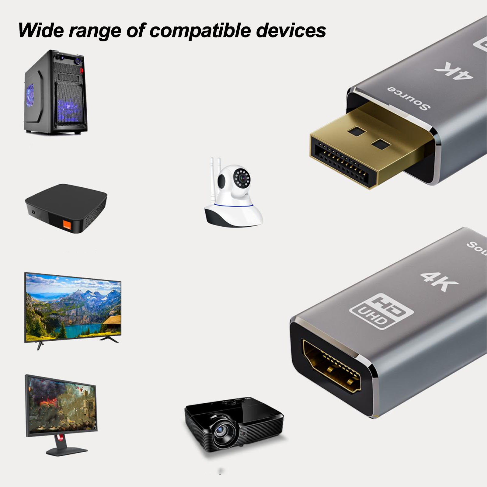 Ein Bild, das verschiedene elektronische Geräte und einen 4K-HDMI-Anschluss zeigt, um die Kompatibilität zu fördern.