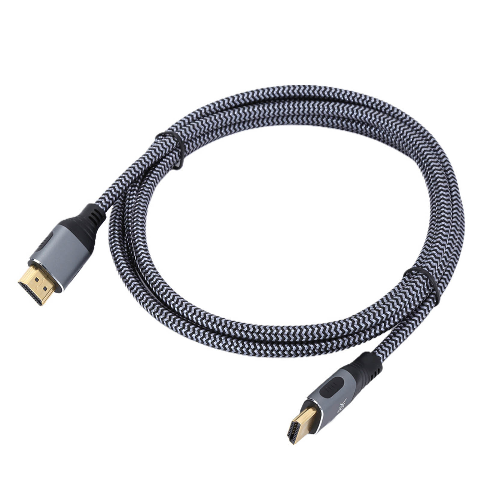 HDMI-Kabel mit schwarz-weiß gestreiftem Außenmaterial. Anschlüsse an beiden Enden sind schwarz und grau mit goldfarbenen Anschlüssen.