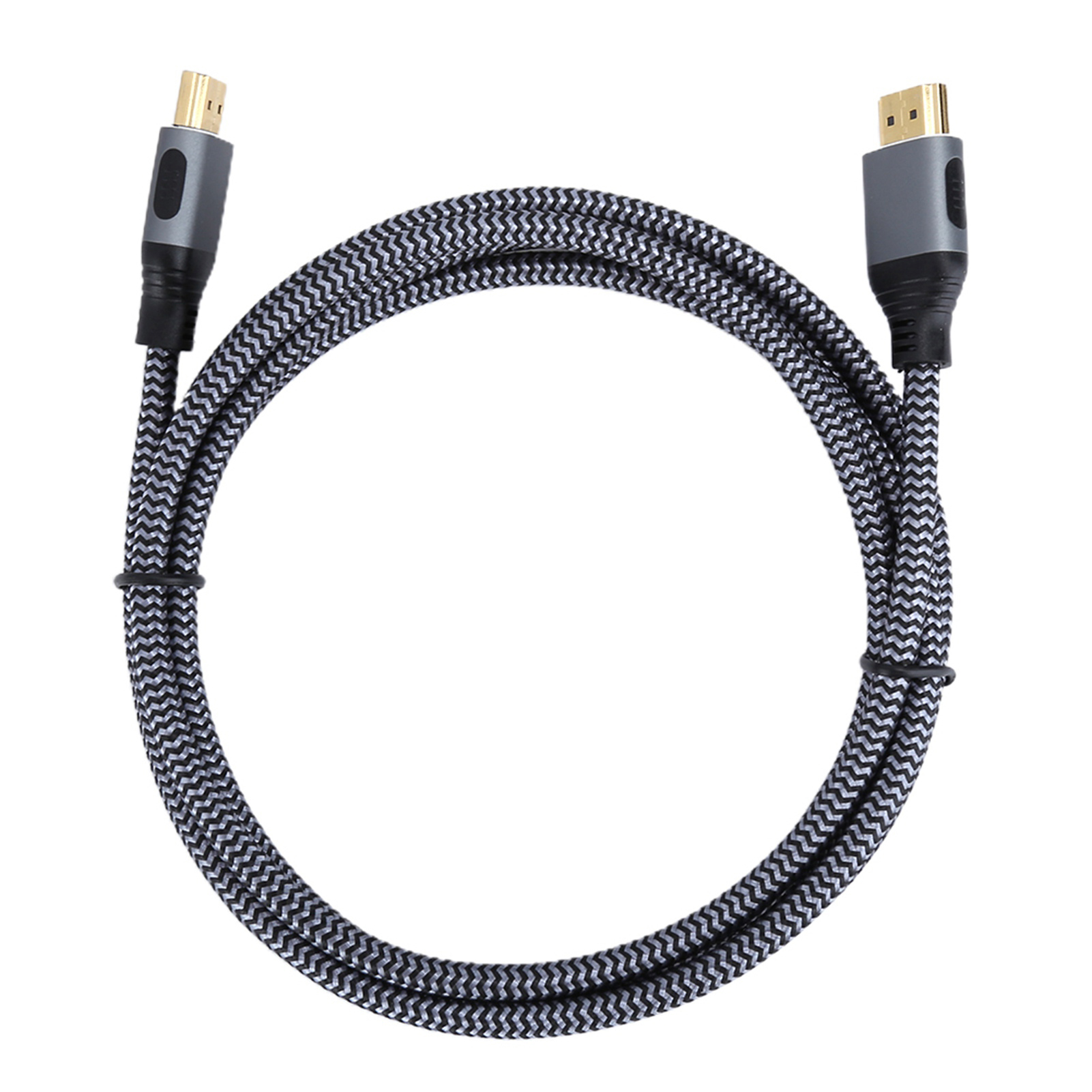 Schwarz-graues HDMI-Kabel. Das Kabel hat eine kreisförmige Form mit Steckern an beiden Enden.