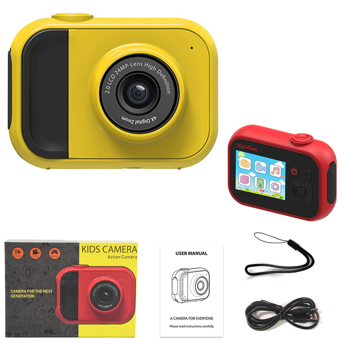 Diverse fotocamere e accessori per bambini. Sono mostrate una fotocamera gialla e una rossa con schermo. Manuale e cinturino inclusi.