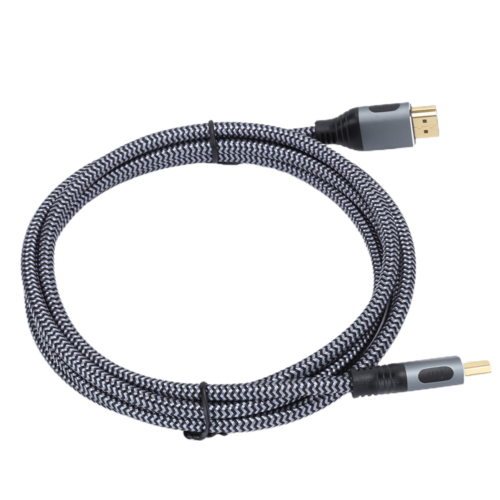 Ein aufgerolltes HDMI-Kabel. Das Kabel ist schwarz-weiß gestreift. Beide Enden haben schwarz-graue Stecker mit goldenen Anschlüssen.