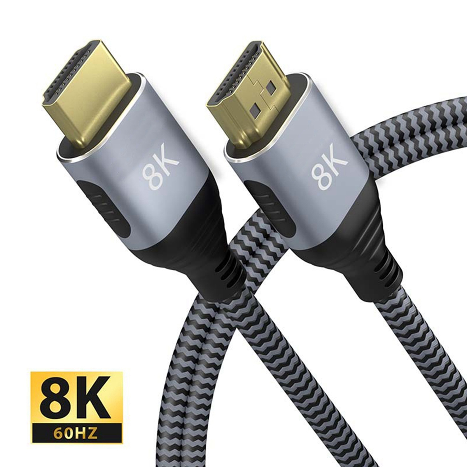 Ein HDMI-Kabel mit 8K-Markierungen. Das Kabel ist grau und schwarz gestreift. Die Anschlüsse haben 8K und die 8K 60Hz Markierungen.