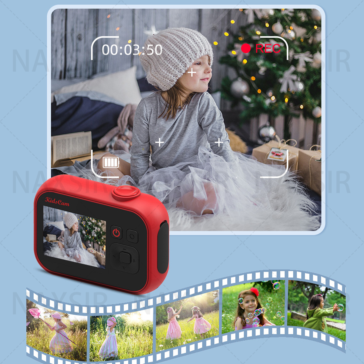 Una fotocamera rossa per bambini sta registrando un video. Un bambino è sullo schermo. L'immagine è circondata da altre clip video.