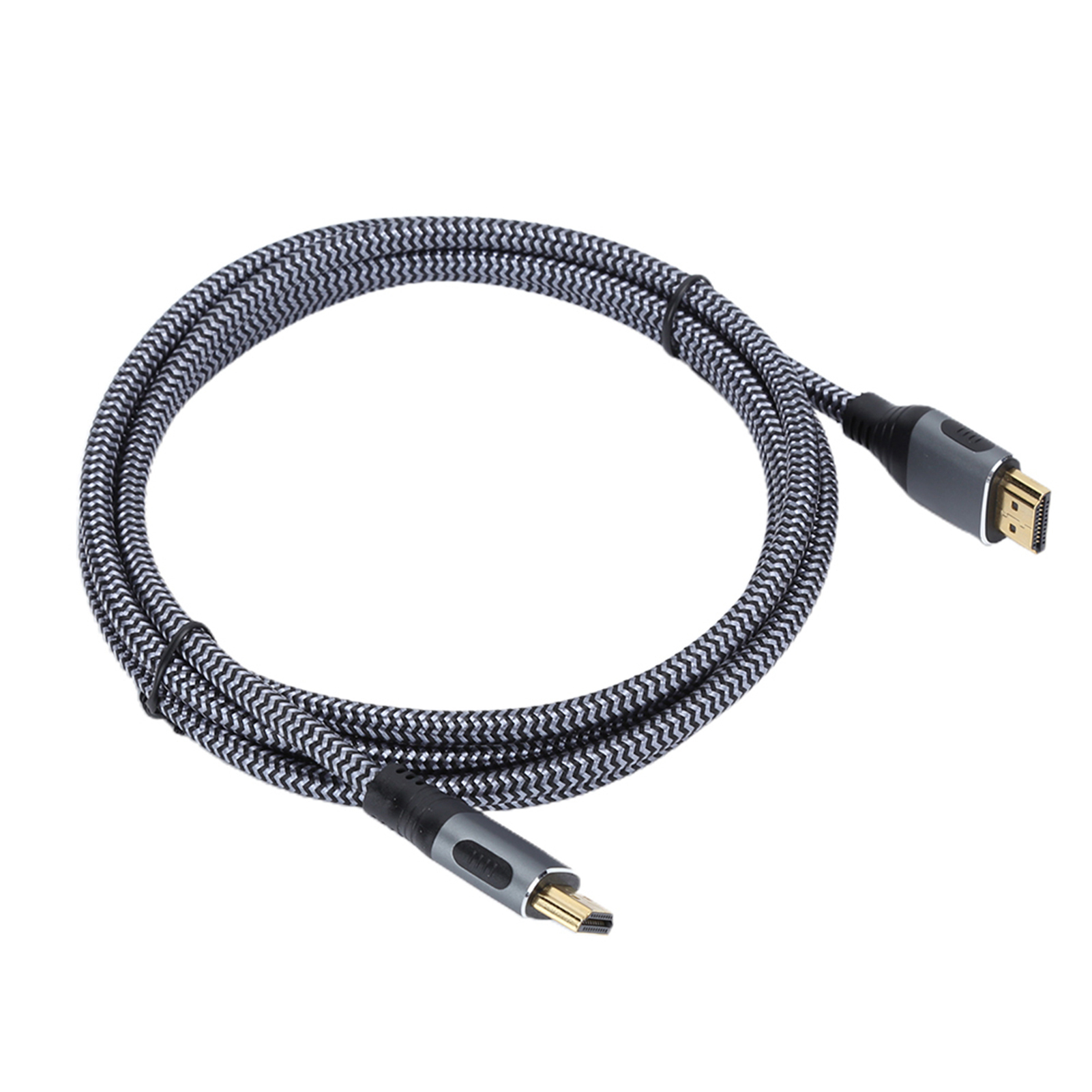 Ein schwarz-graues HDMI-Kabel, das sich kreisförmig kräuselt, Anschlüsse an beiden Enden, auf weißem Grund.