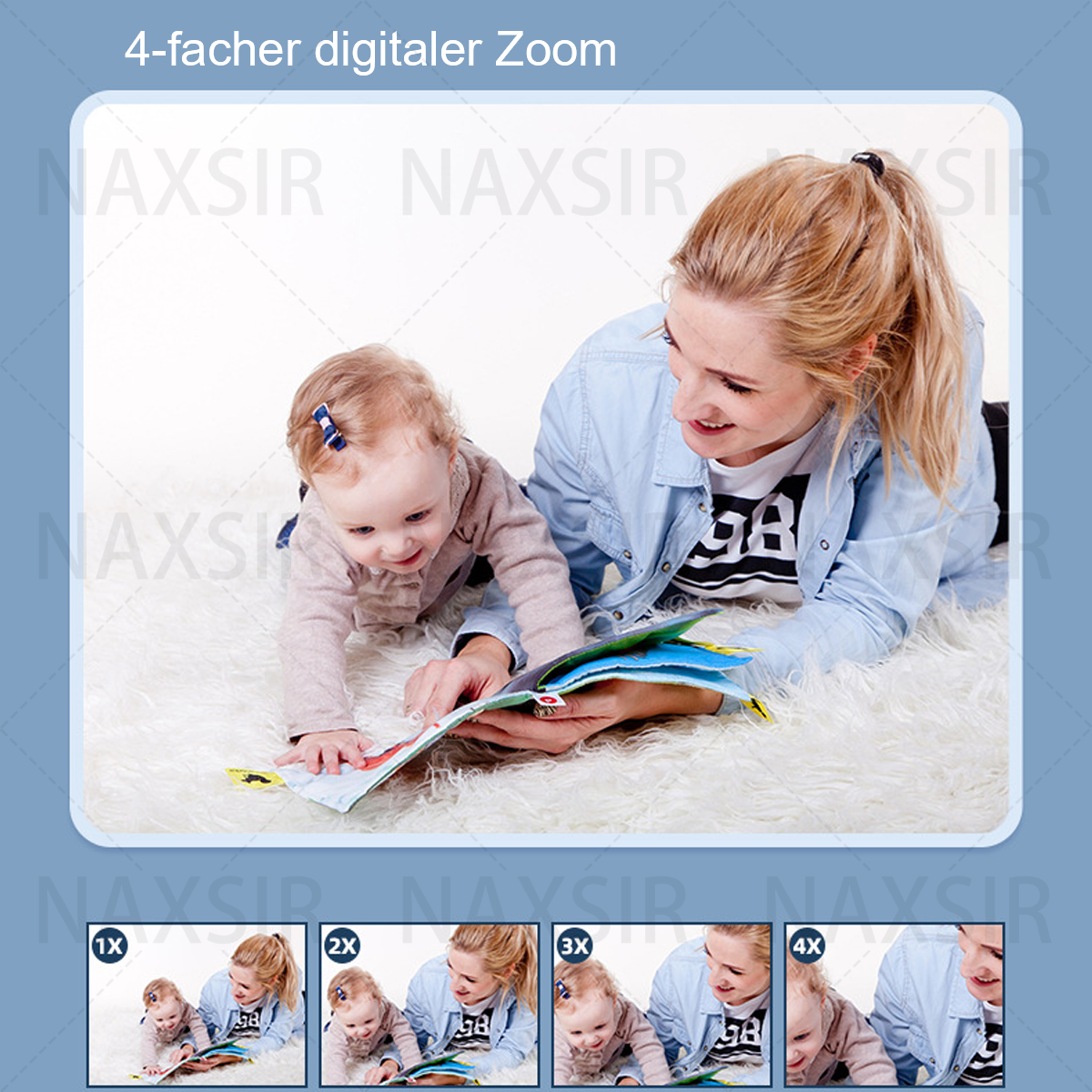 Una madre e un bambino sono seduti su un tappeto, che guardano un libro. L'immagine presenta più viste ingrandite della scena.