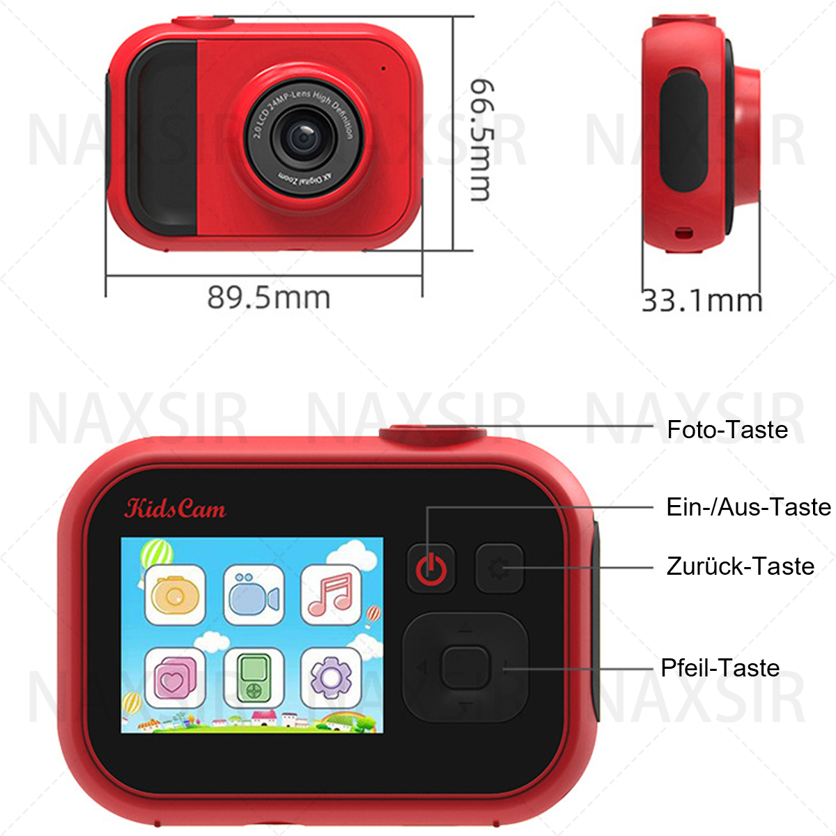 Fotocamera rossa per bambini con schermo e pulsanti. Dimensioni ed etichette di testo intorno.
