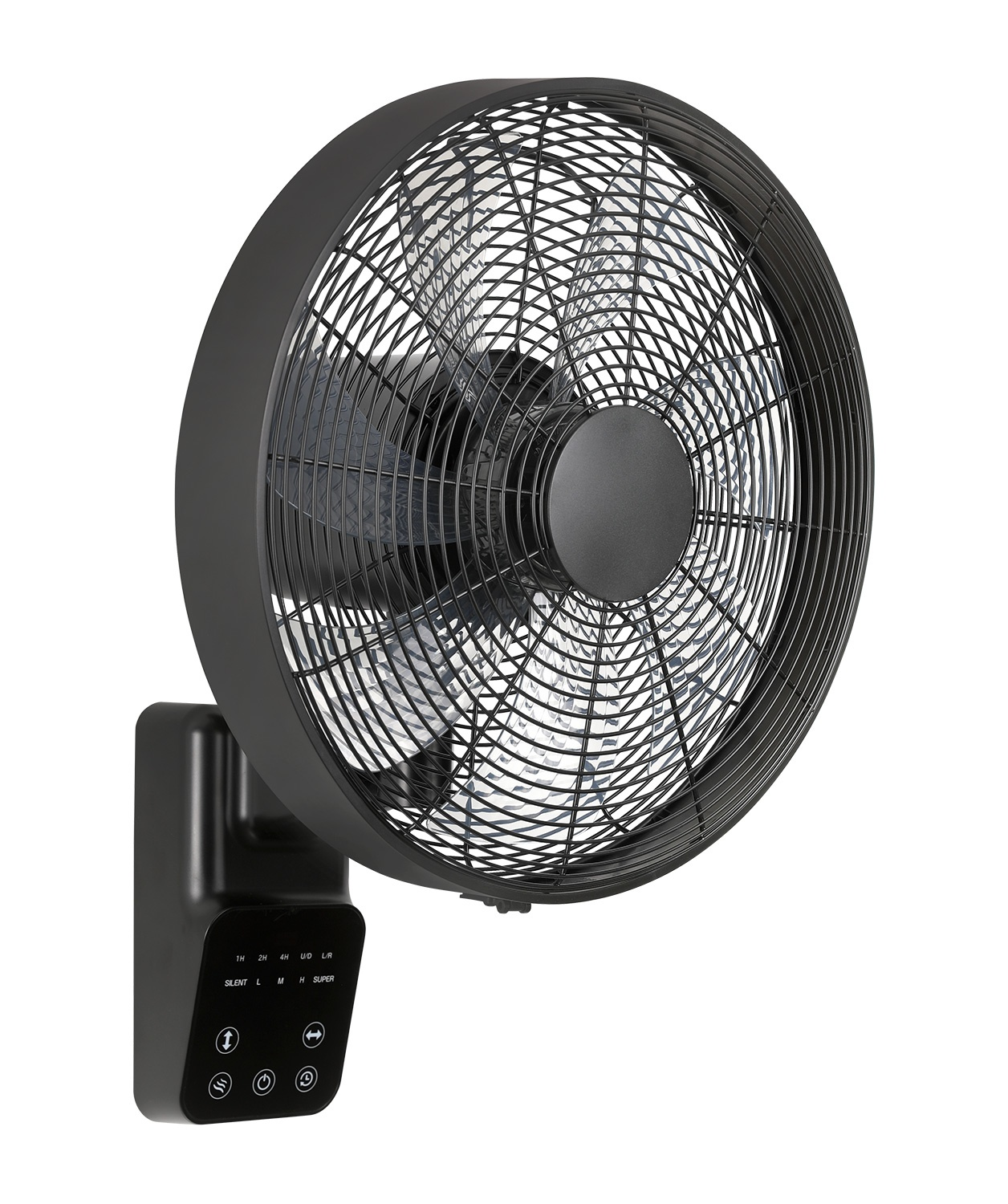 Ein schwarzer Wandventilator mit Bedienfeld.