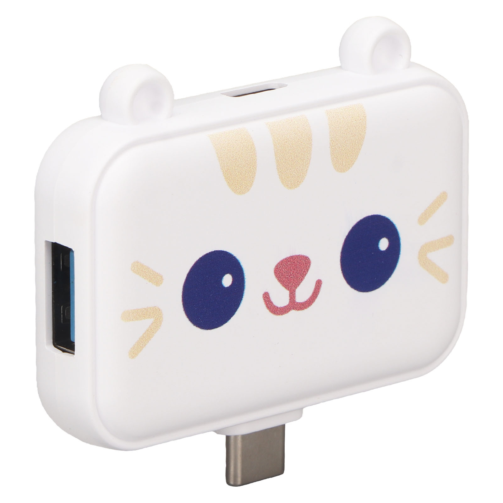 Eine weiße Box mit Katzengesicht, Ohren, einem USB-Anschluss und einem USB-C-Anschluss.