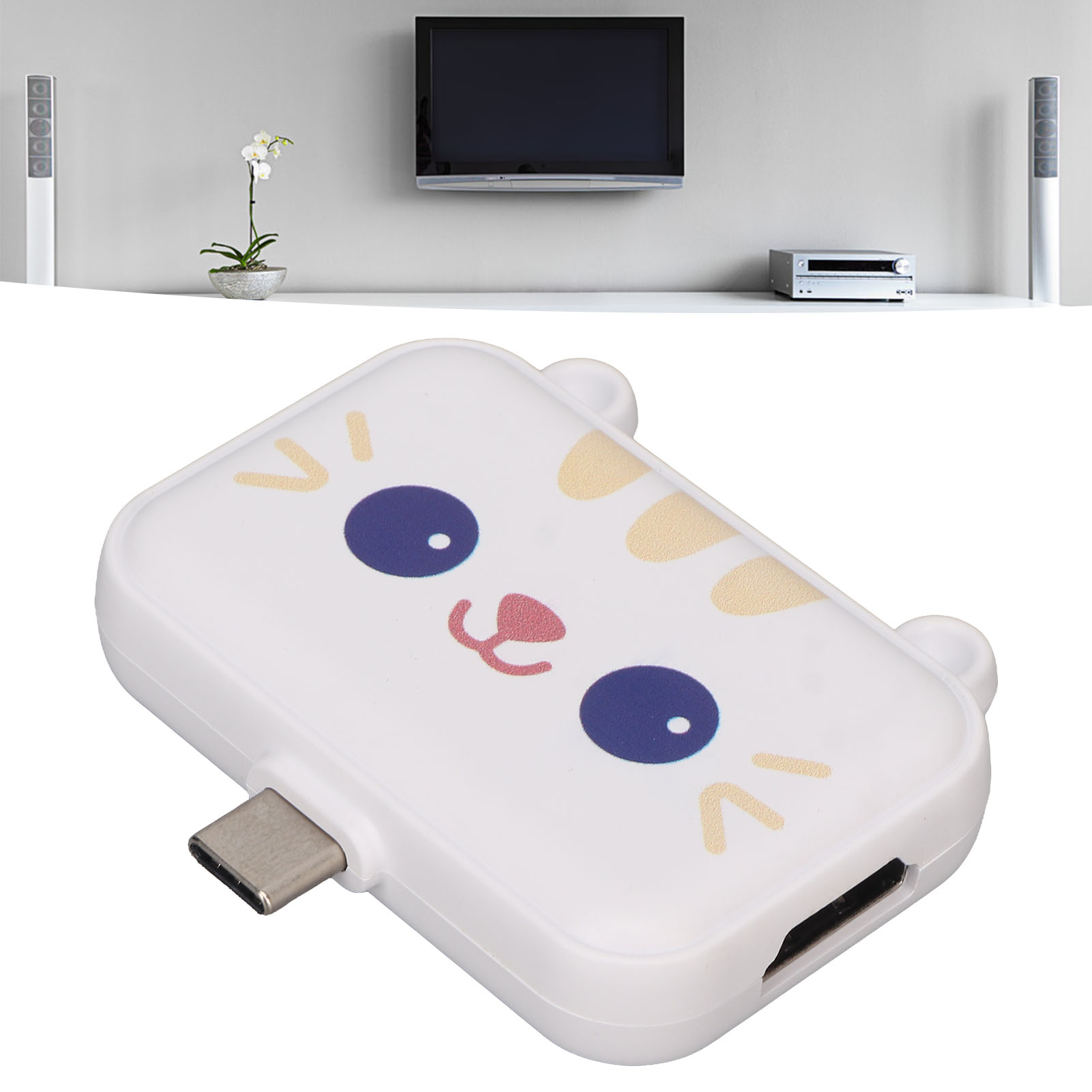 Eine weiße Box mit Katzengesicht, Ohren und einem USB-C- und HDMI-Anschluss.