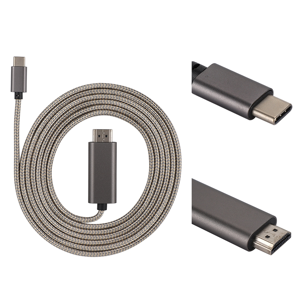 Gewendeltes graues Kabel mit USB-C- und HDMI-Anschlüssen, Nahaufnahmen der Anschlüsse.