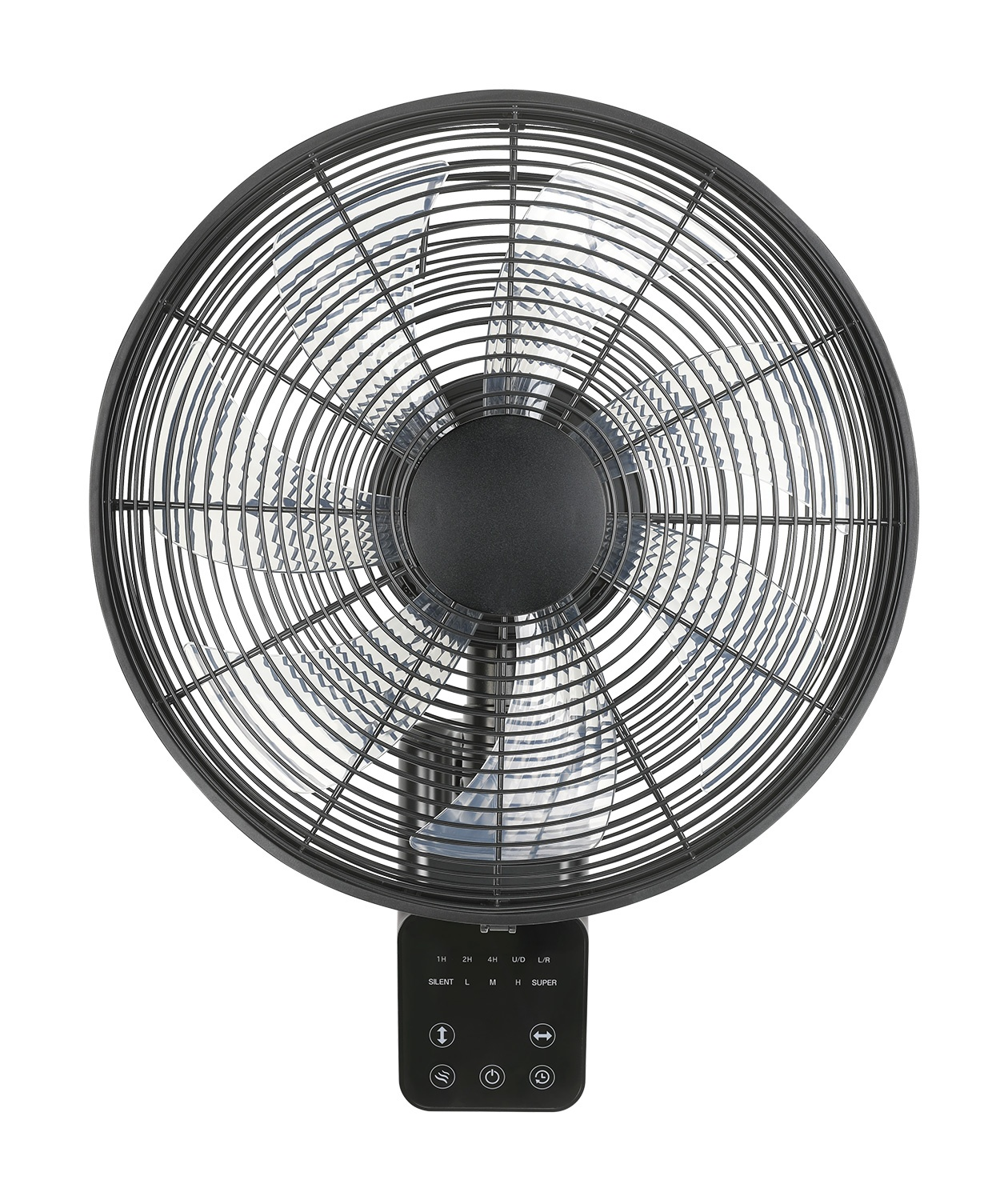 Schwarzer, runder Ventilator mit Schutzgitter und Bedientasten unten.