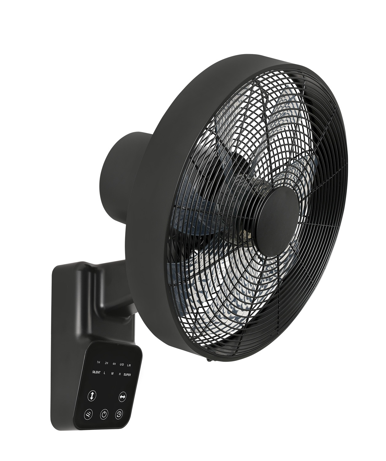 Schwarzer Wandventilator mit Bedienfeld. Der Ventilator ist angewinkelt, zeigt die Flügel und das Bedienfeld.