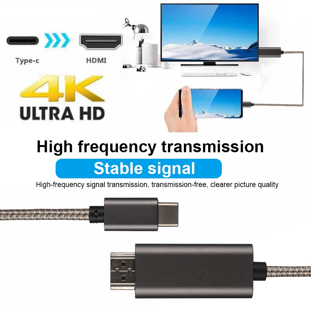 Diagramm, das USB-C-zu-HDMI-Verbindung für 4K Ultra HD-Anzeige mit Texten und Symbolen zeigt.