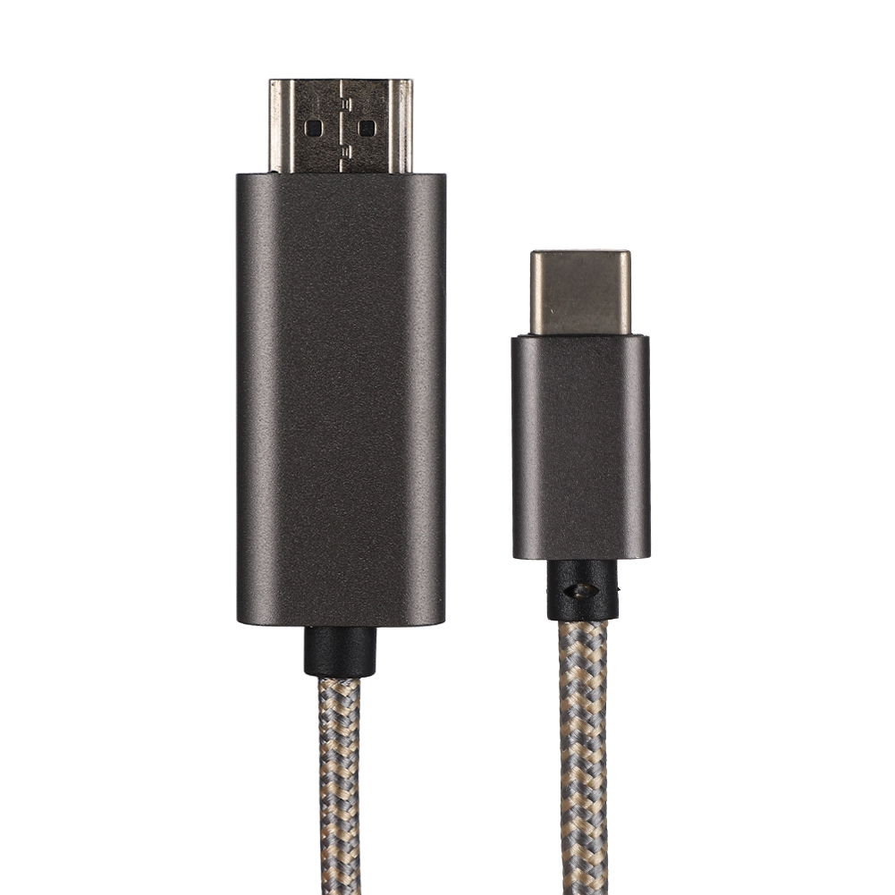 USB-C-Kabel, das mit einem Gerät und einem HDMI-Anschluss verbunden ist. Das Kabel hat eine geflochtene Textur. Weißer Hintergrund.