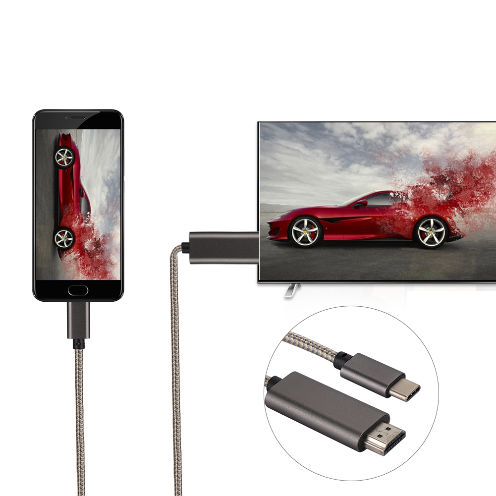 Smartphone und Fernseher sind über ein Kabel verbunden. Das Bild eines roten Autos wird auf beiden Bildschirmen angezeigt.