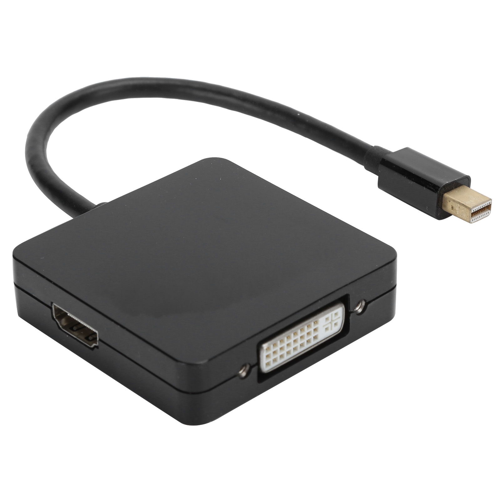Schwarzer Adapter mit HDMI-, DVI- und Mini-DisplayPort-Anschlüssen. Der Adapter befindet sich auf weißem Hintergrund.
