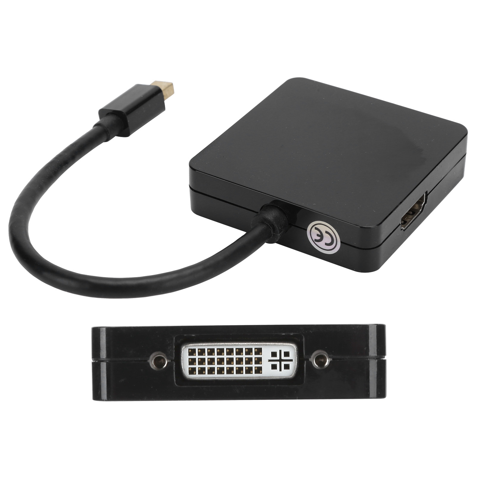 Schwarzer Adapter mit HDMI-, DVI- und Mini-DisplayPort-Anschlüssen. Weißer Hintergrund. CE-Zeichen sichtbar.