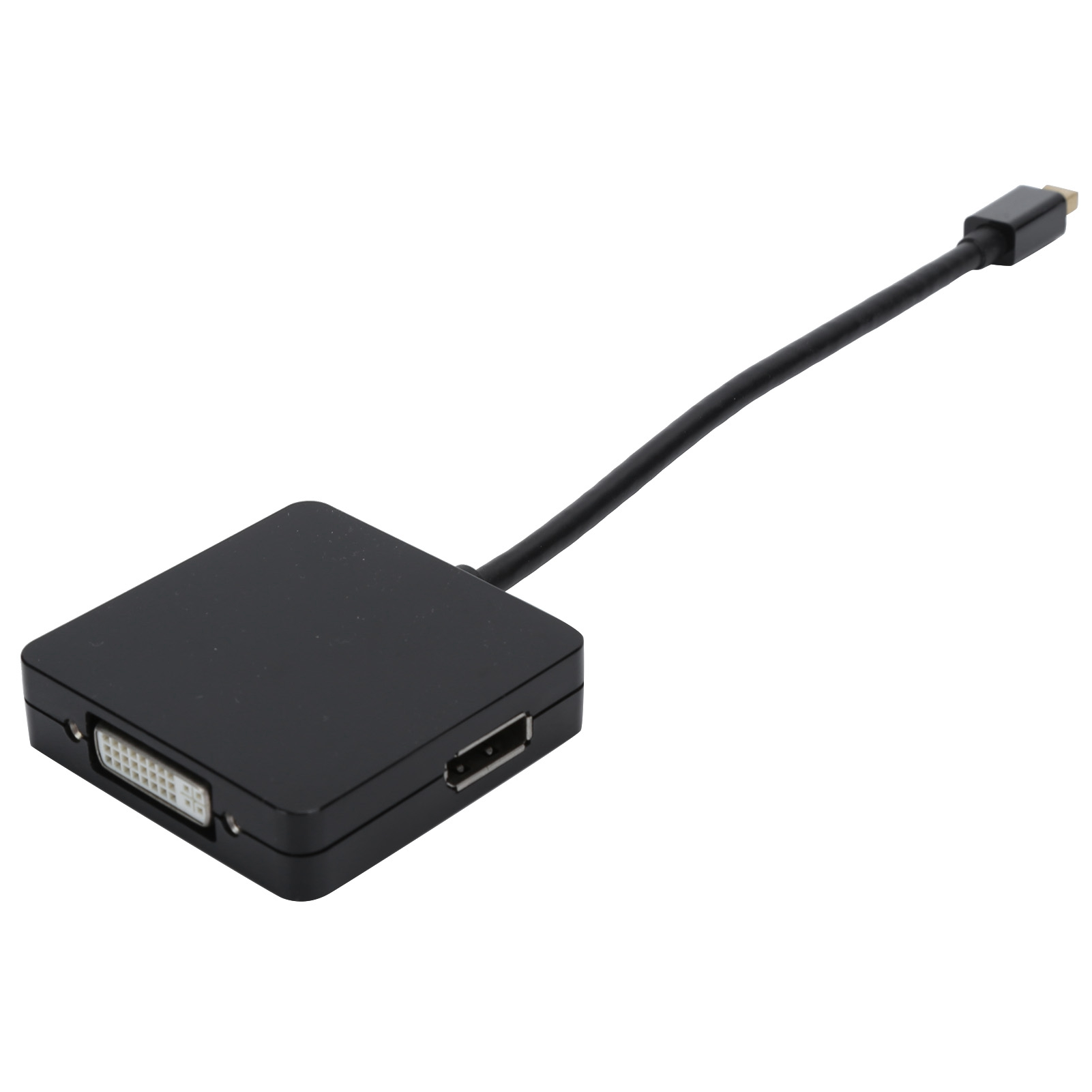 Schwarzer Adapter mit DVI, USB und einem Mini-DisplayPort-Kabel.