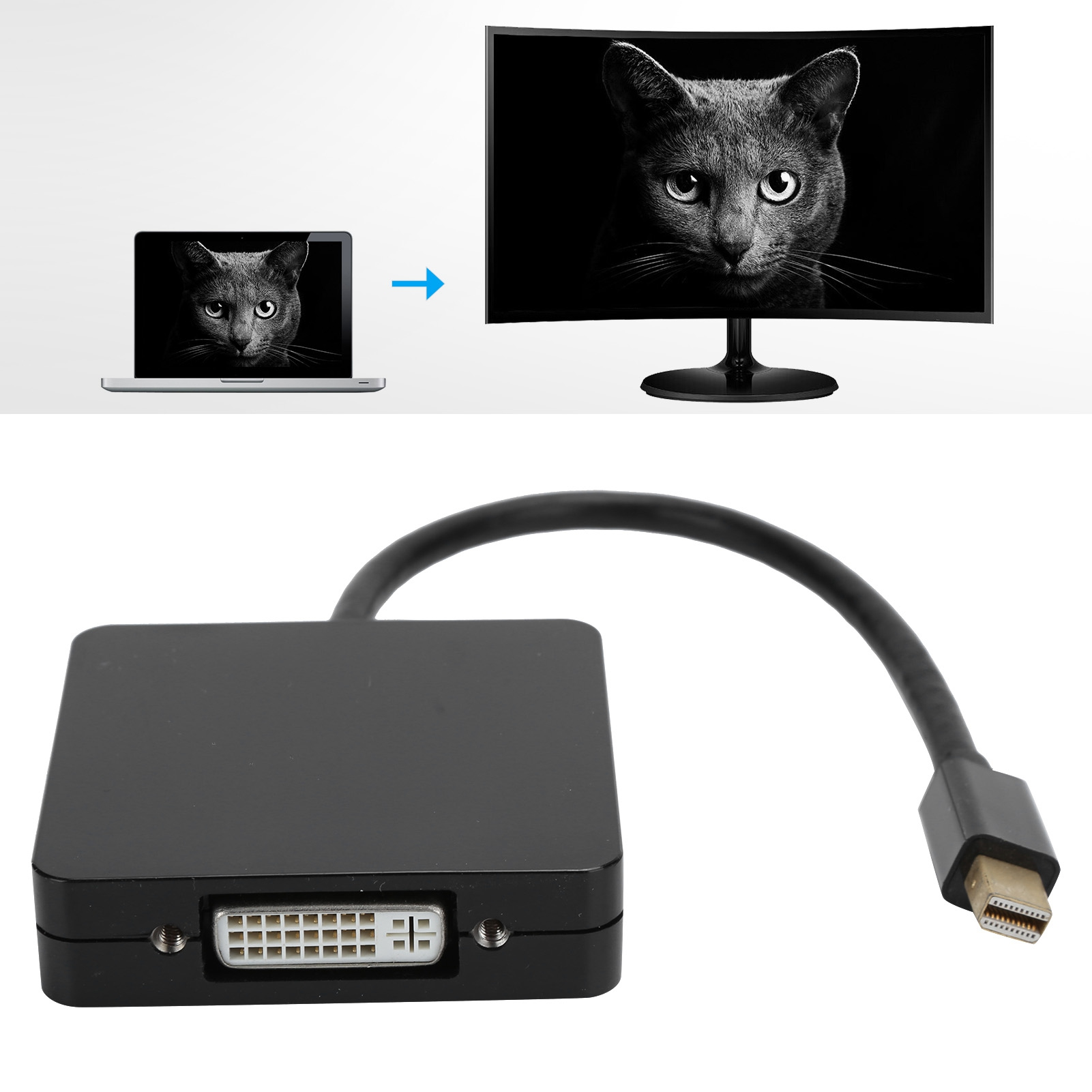 Schwarzer Adapter mit DVI und Mini DisplayPort, an Laptop und Monitor angeschlossen.