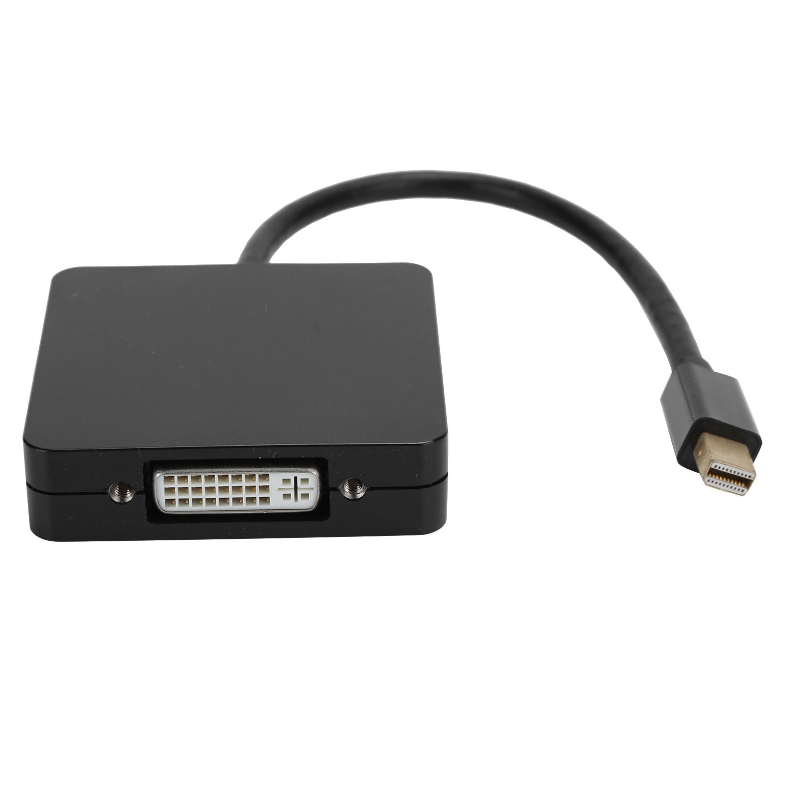 Schwarzer DVI-zu-Mini-DisplayPort-Adapter. Das Kabel ist schwarz und verbindet sich rechts.