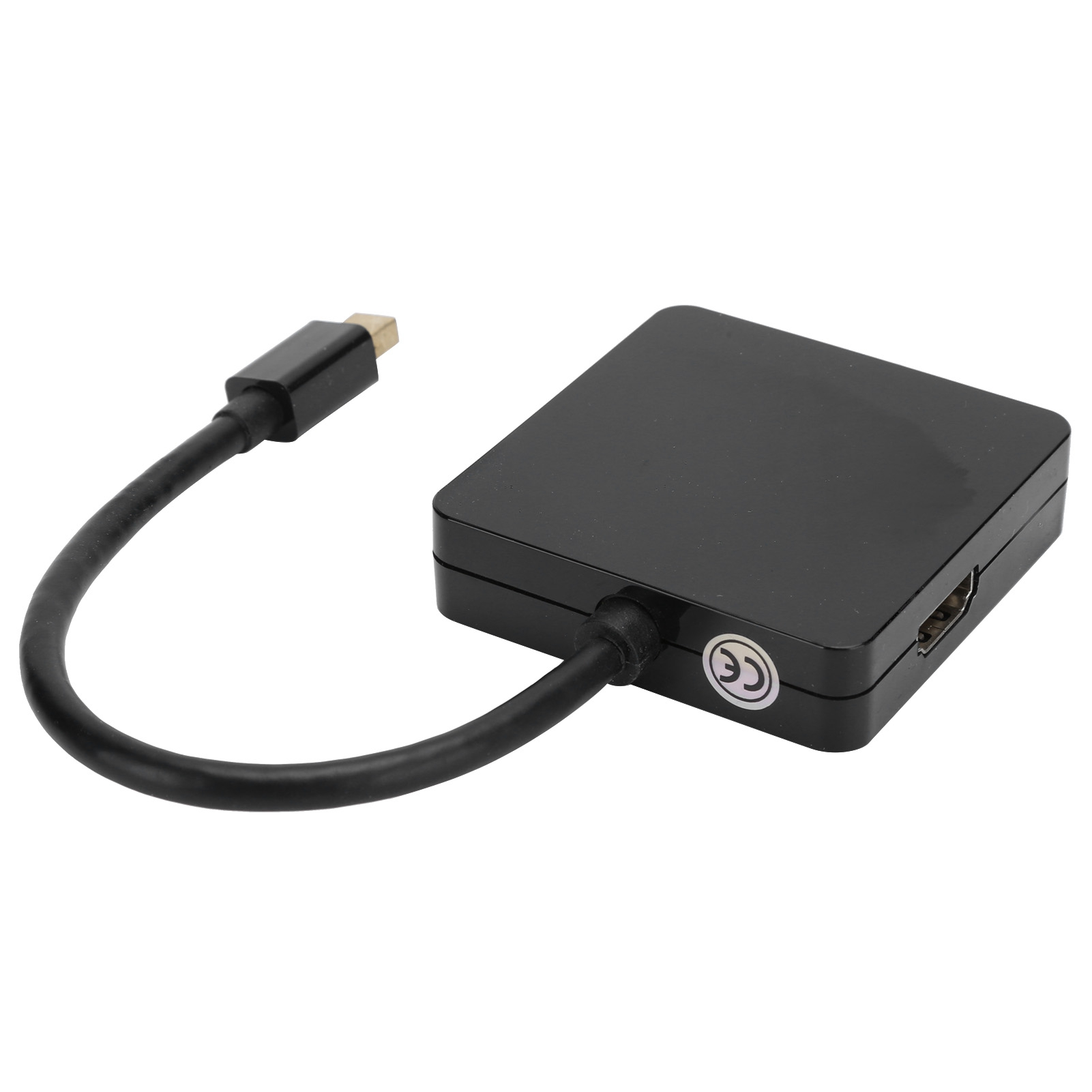 Schwarzer HDMI-Adapter mit schwarzem Kabel und weißem Aufkleber an der Seite.