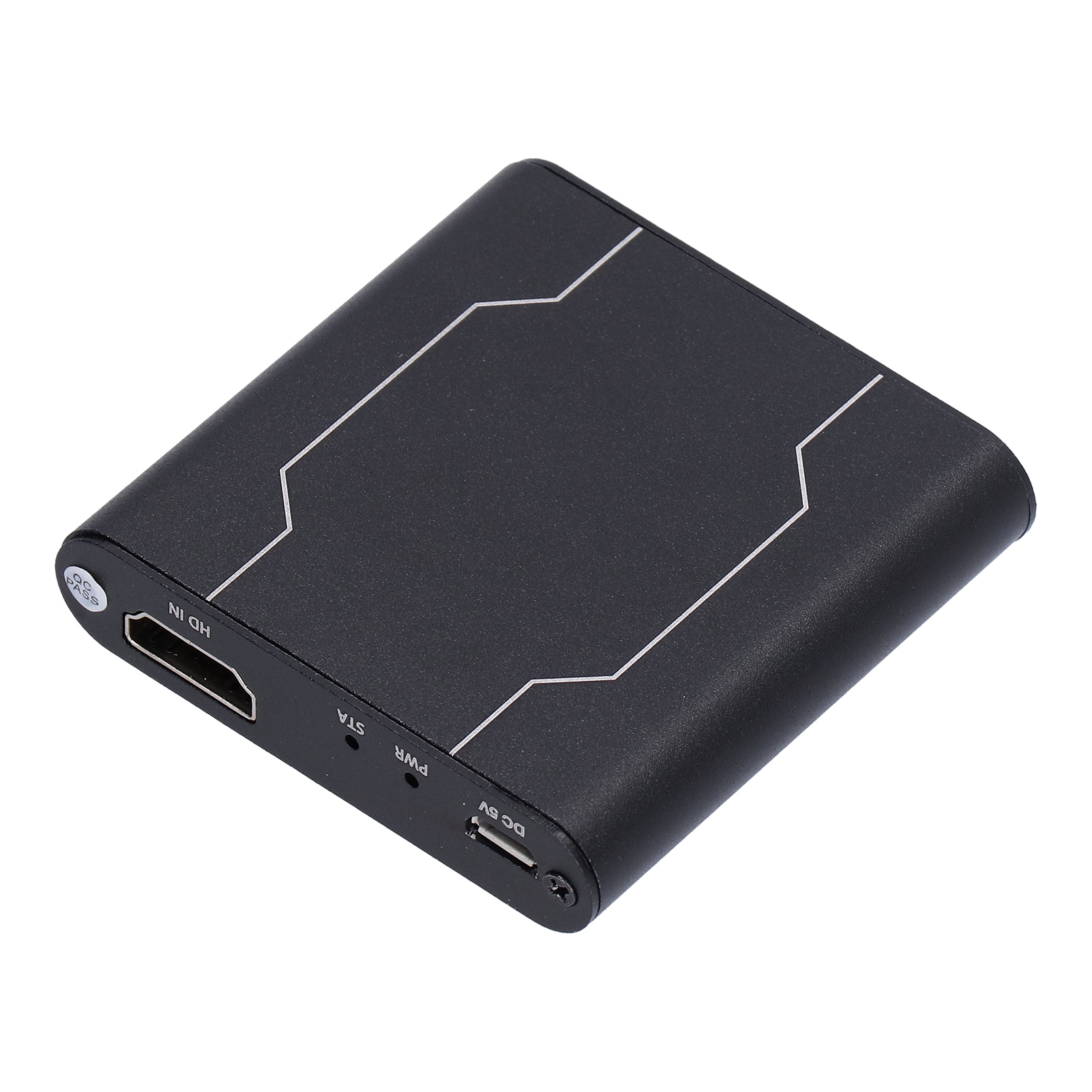 Ein schwarzer HDMI-Splitter mit HDMI IN- und PWR-Anschlüssen und einem kleinen DC 5V-Anschluss.