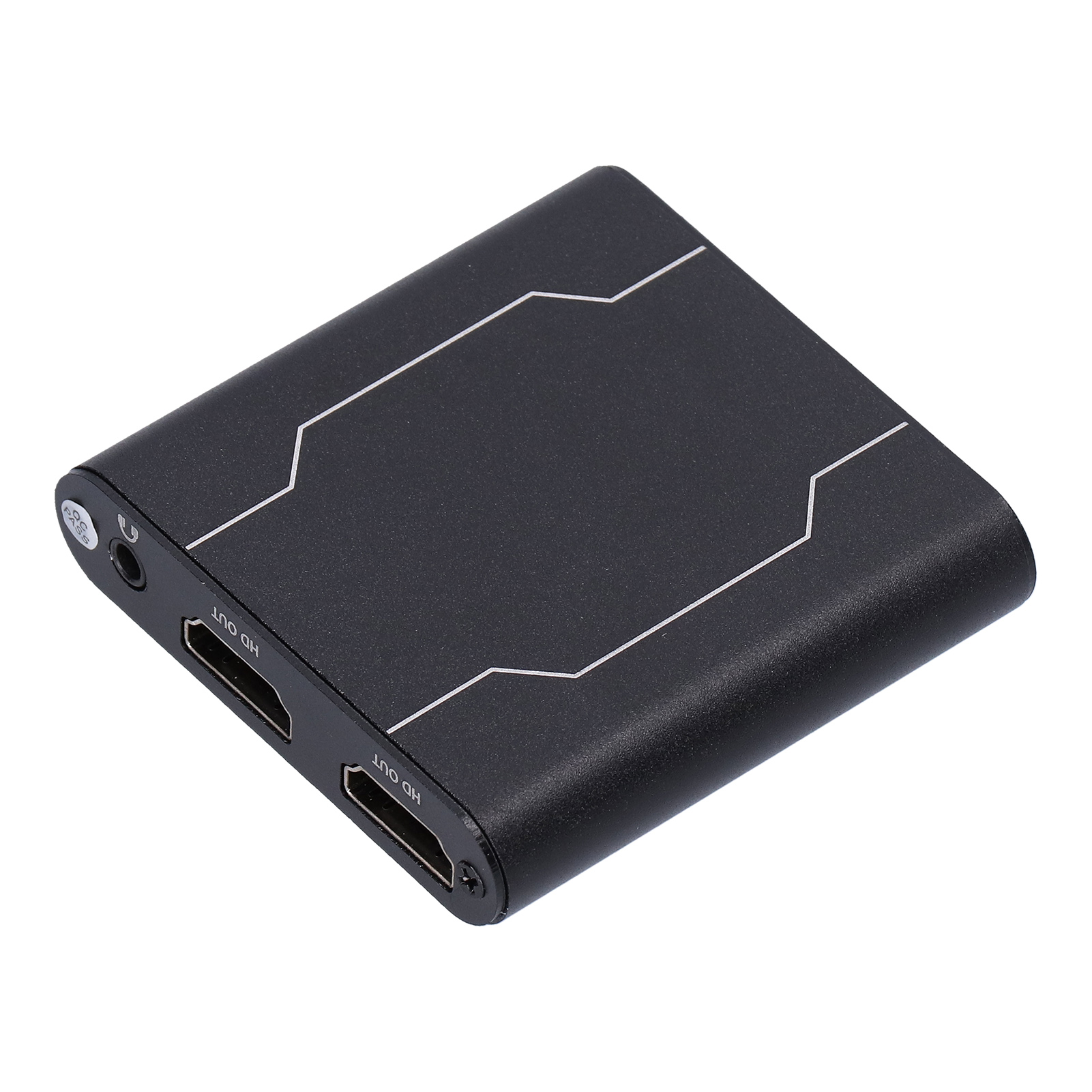 Schwarzer HDMI-Splitter mit zwei HDMI OUT-Anschlüssen und HD IN-, Strom- und Audioanschlüssen.
