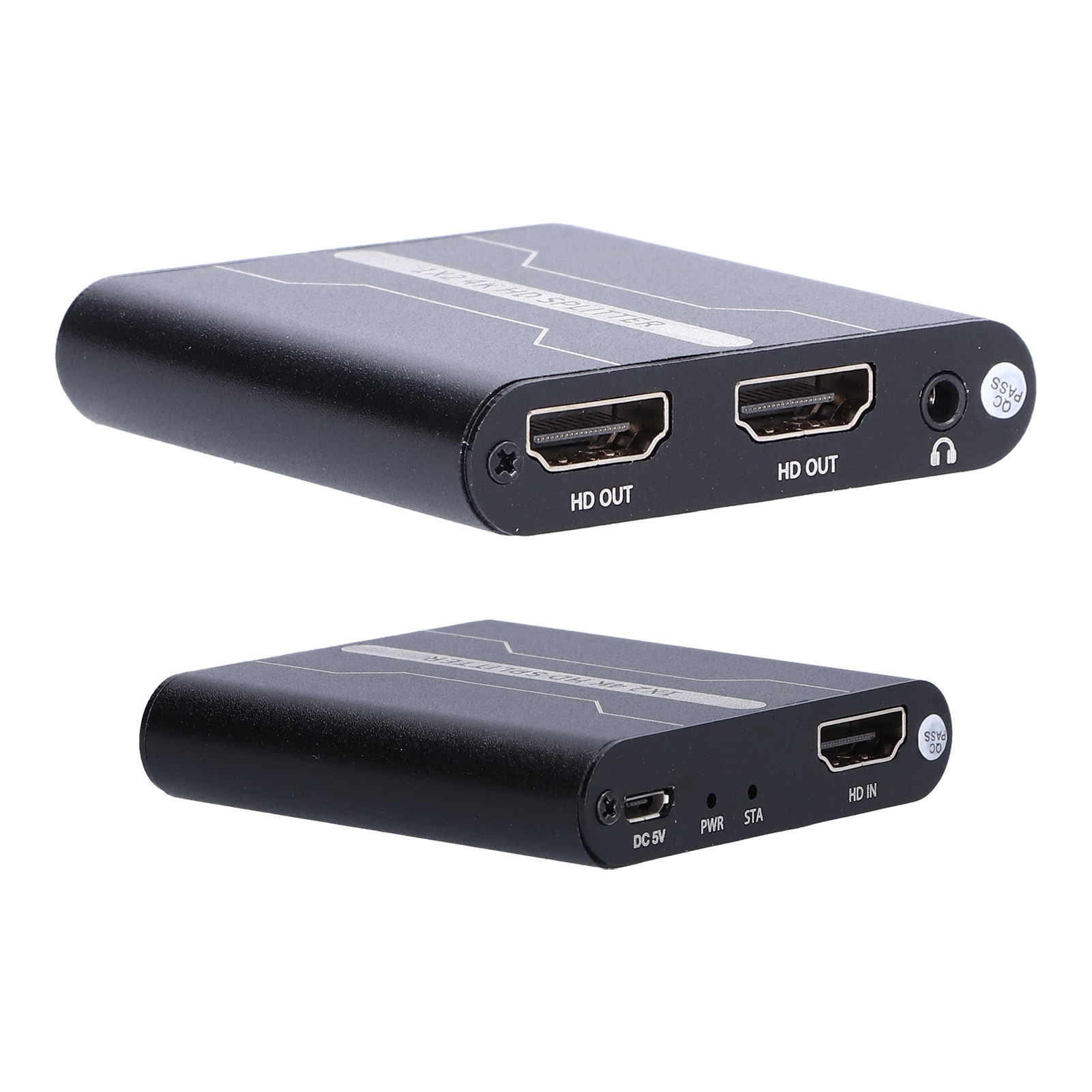 Schwarzer HDMI-Splitter mit zwei HDMI OUT-Anschlüssen und HD IN-, Strom- und DC 5V-Anschlüssen.
