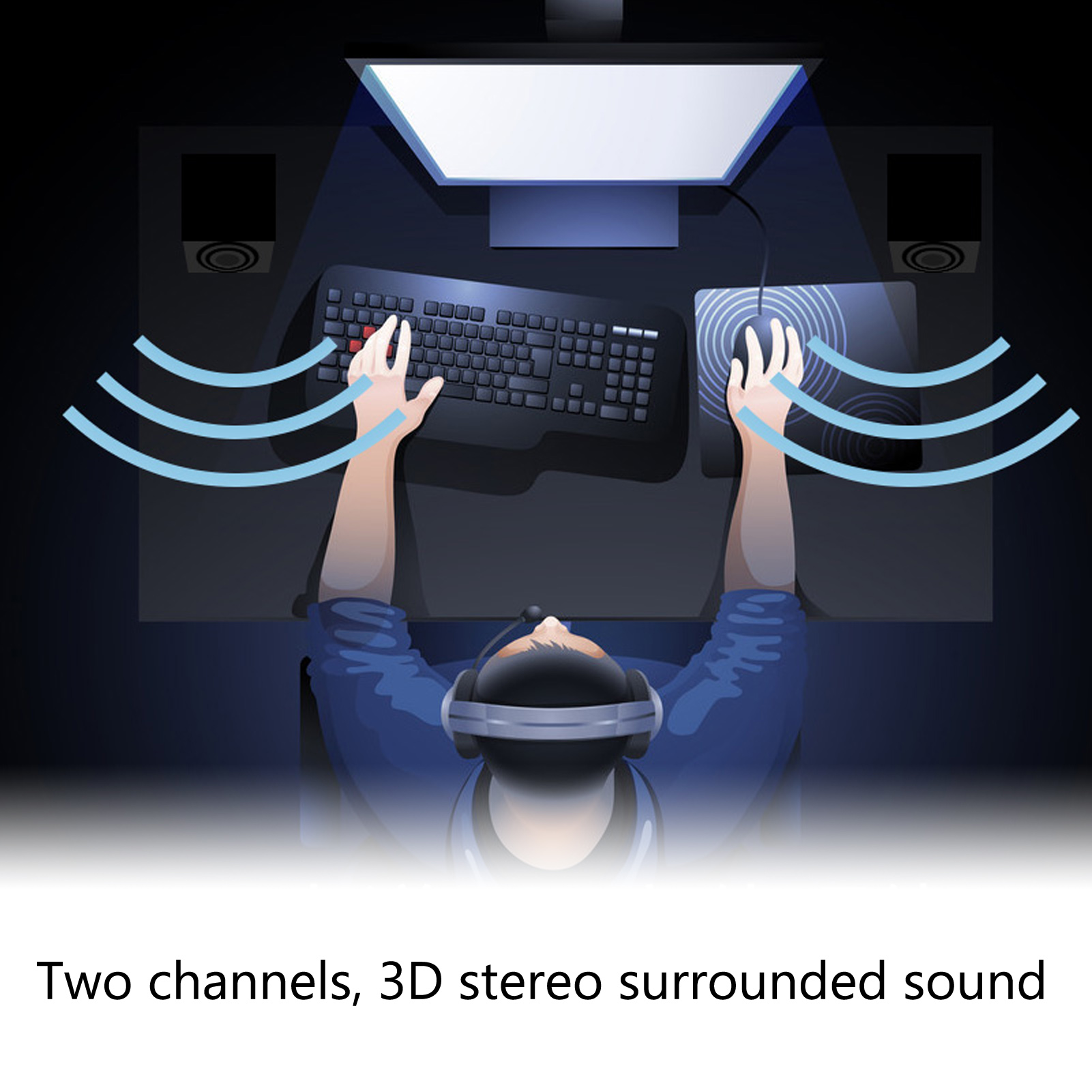 Draufsicht einer Person, die mit Computer, Tastatur, Maus und Headset spielt. Blaue Schallwellen.