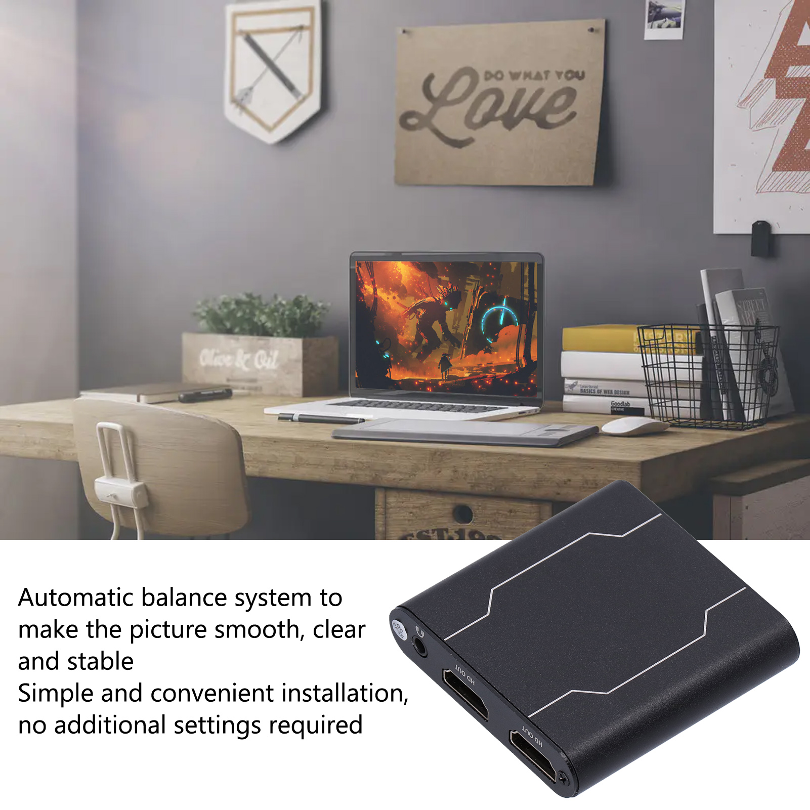 Schwarzes HDMI-Gerät mit weißem Design auf einem Tisch, Laptop im Hintergrund.