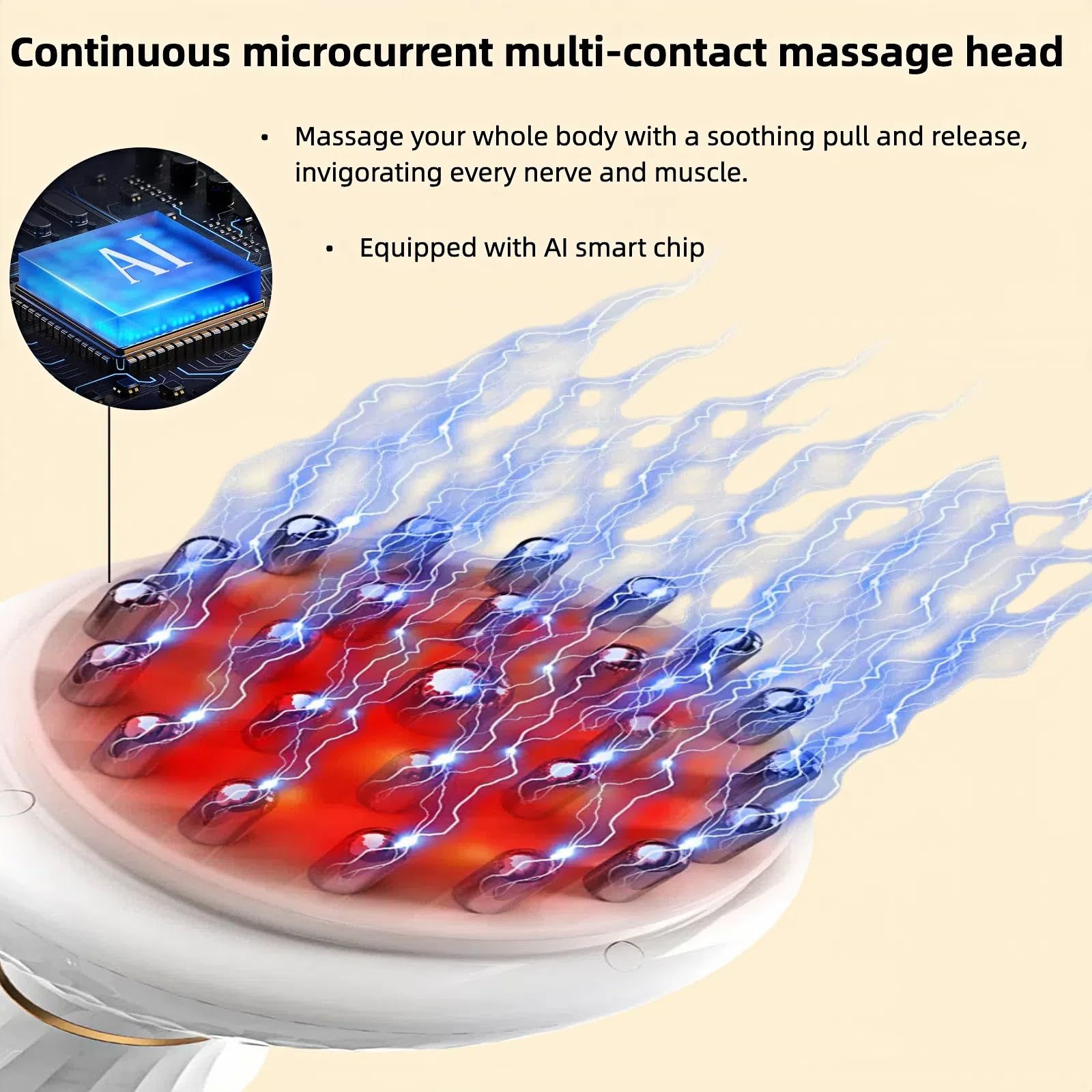 Massagekopf mit KI-Chip, blauen Energielinien und roten Knoten. Er hat einen weißen Griff und einen hellgelben Hintergrund.