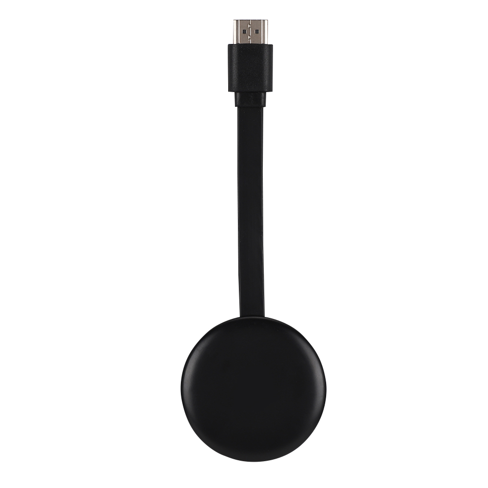 Schwarzes Chromecast-Gerät mit einem USB-A-Anschluss und einem schwarzen Kabel.