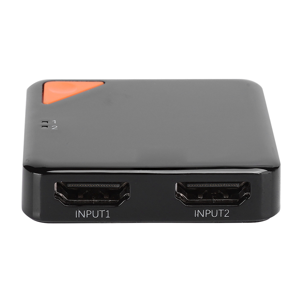 Schwarzes Gerät mit zwei HDMI-Eingängen und einem Knopf, mit Text 'INPUT1' und 'INPUT2'.