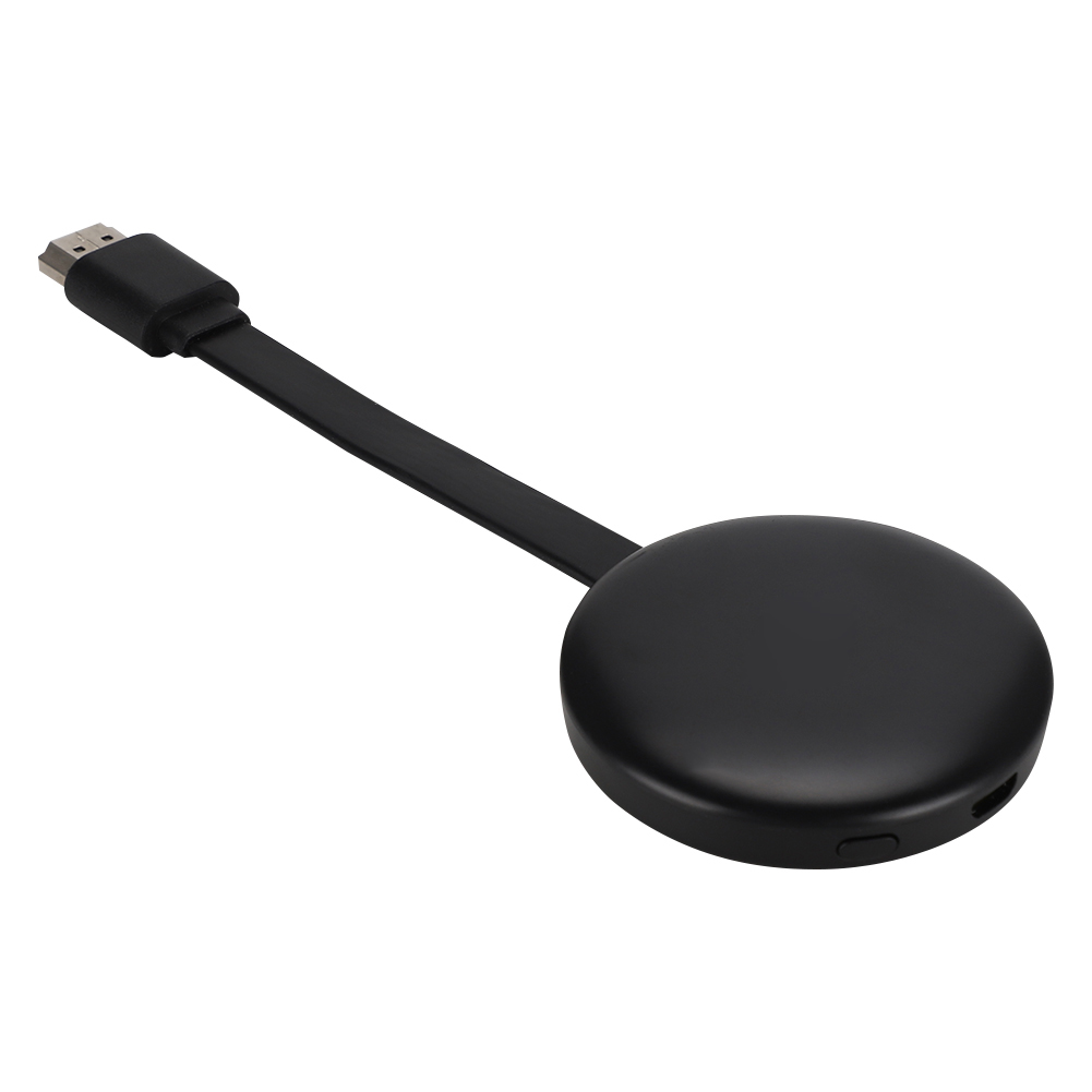 Ein schwarzes, rundes Gerät mit angeschlossenem USB-Kabel, auf weißem Hintergrund.