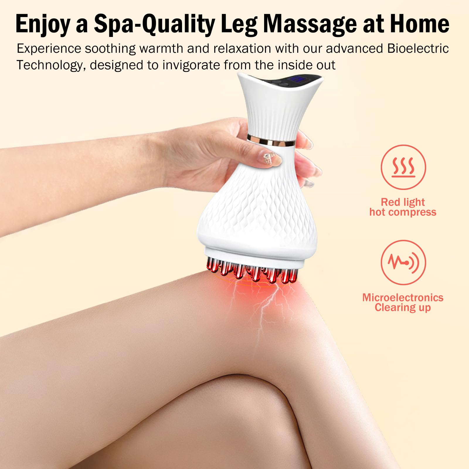 Eine Frau benutzt ein weißes Beinmassagegerät. Rotes Licht scheint dort, wo es ihr Bein berührt. Text sagt: Spa-Qualität Beinmassage zu Hause.
