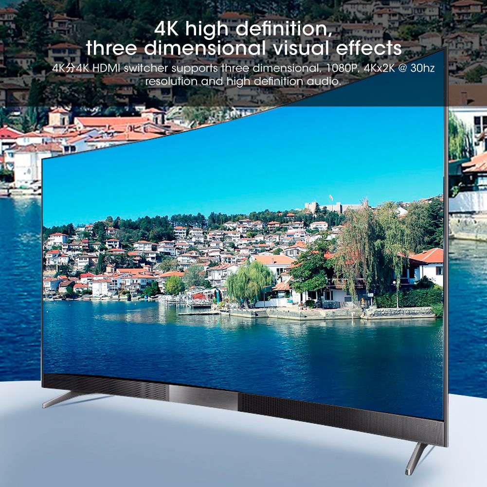 Ein Fernseher zeigt eine malerische Aussicht. Ein See, Häuser und Bäume sind sichtbar. Der Text lautet: 4K High Definition, dreidimensionale visuelle Effekte.