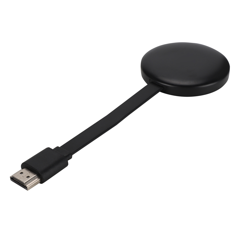 Ein schwarzes, kreisförmiges Gerät mit schwarzem Kabel und HDMI-Anschluss, isoliert auf weißem Hintergrund.