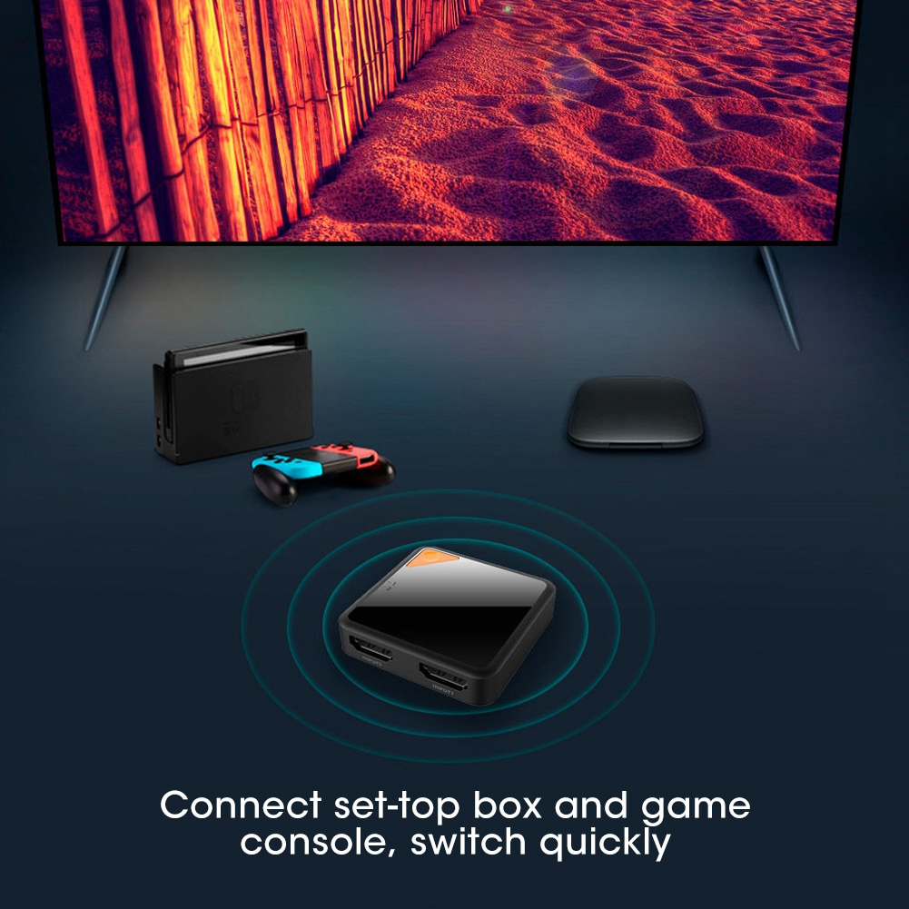 Ein schwarzes Gerät und eine Spielekonsole auf einer Oberfläche. Ein Fernseher ist im Hintergrund. Text sagt: Set-Top-Box und Spielekonsole anschließen.