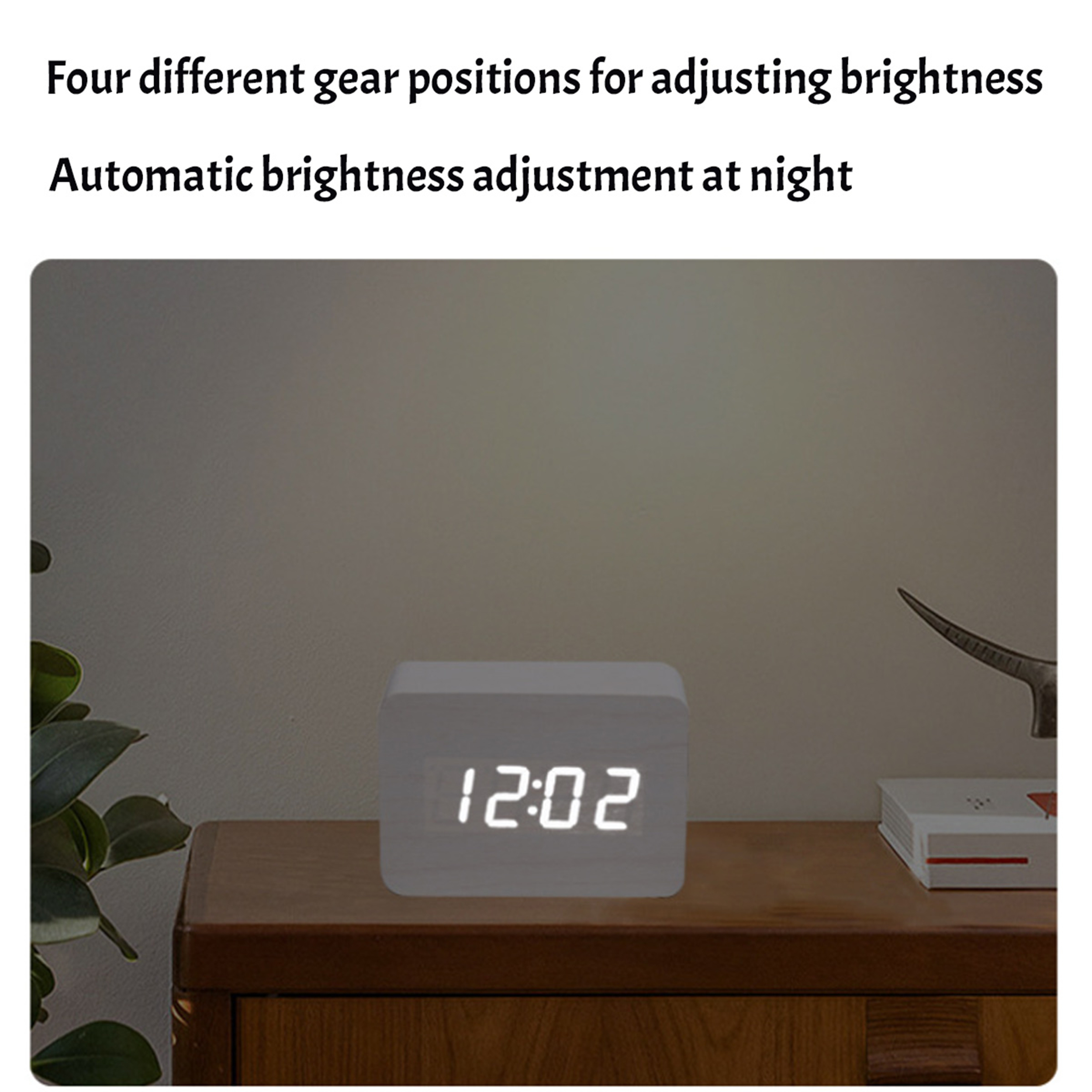 Eine Digitaluhr zeigt 12:02 Uhr. Sie steht auf einem Holztisch, mit einer Pflanze und einem Deko-Stück im Hintergrund.