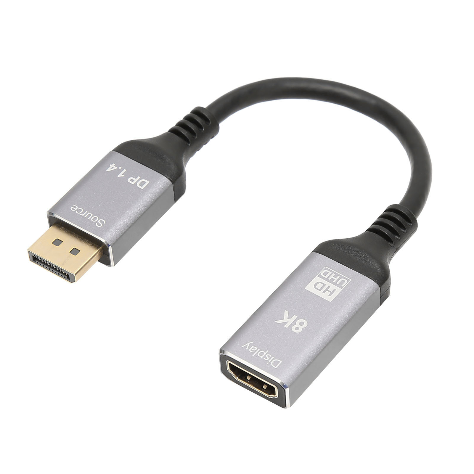 Ein schwarzes DisplayPort-Kabel mit einem silbernen Stecker an jedem Ende.