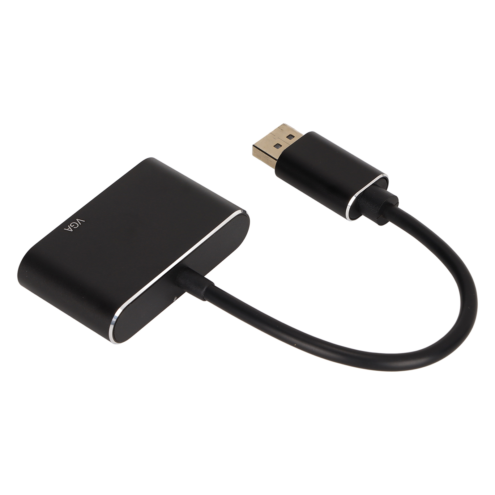 Ein schwarzer VGA-zu-DisplayPort-Adapter. Der VGA-Anschluss befindet sich auf der rechten Seite.