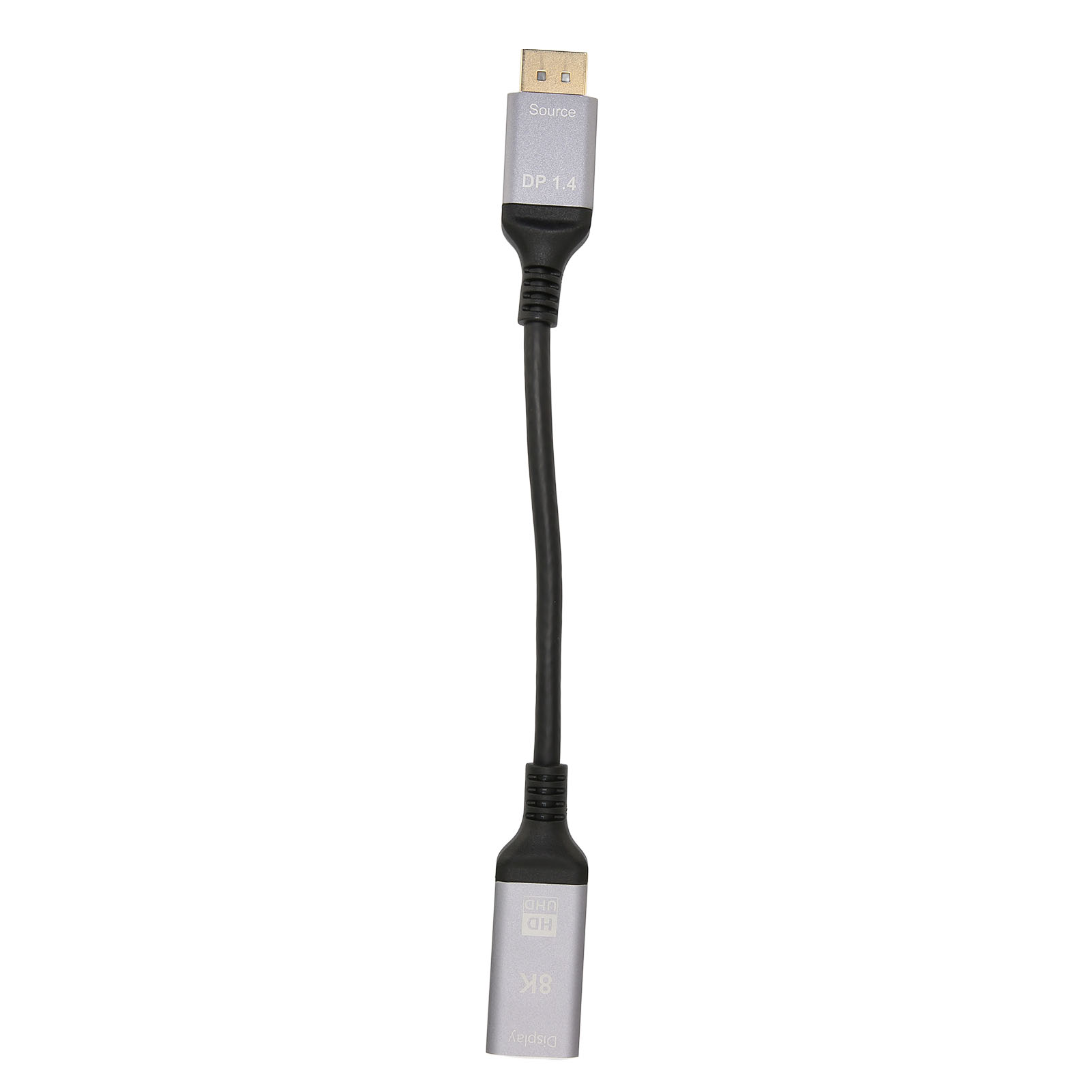 Ein silbernes DisplayPort-zu-schwarz-Kabel. Das Kabel hat DP 1.4 und 8K-Etiketten auf den Steckern.