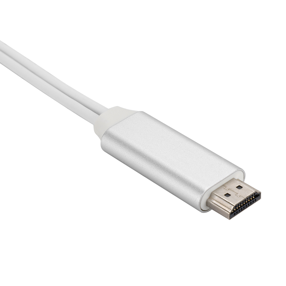 Nahaufnahme eines silbernen Steckers eines HDMI-Kabels. Der Stecker hat sichtbare Pins.