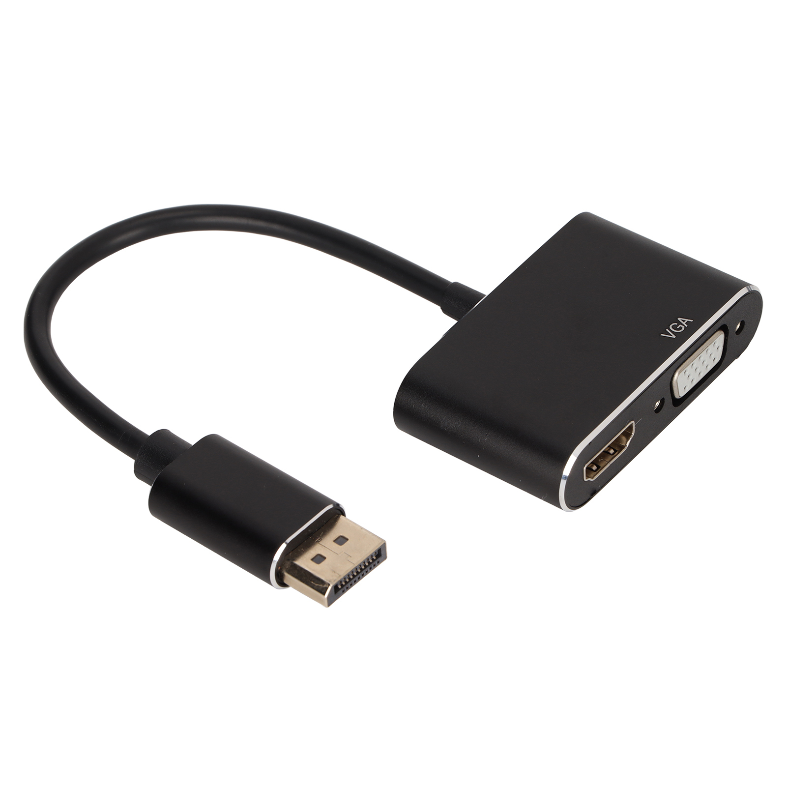 Ein schwarzer Adapter wandelt DisplayPort in VGA um, mit VGA- und HDMI-Anschlüssen an den Seiten.