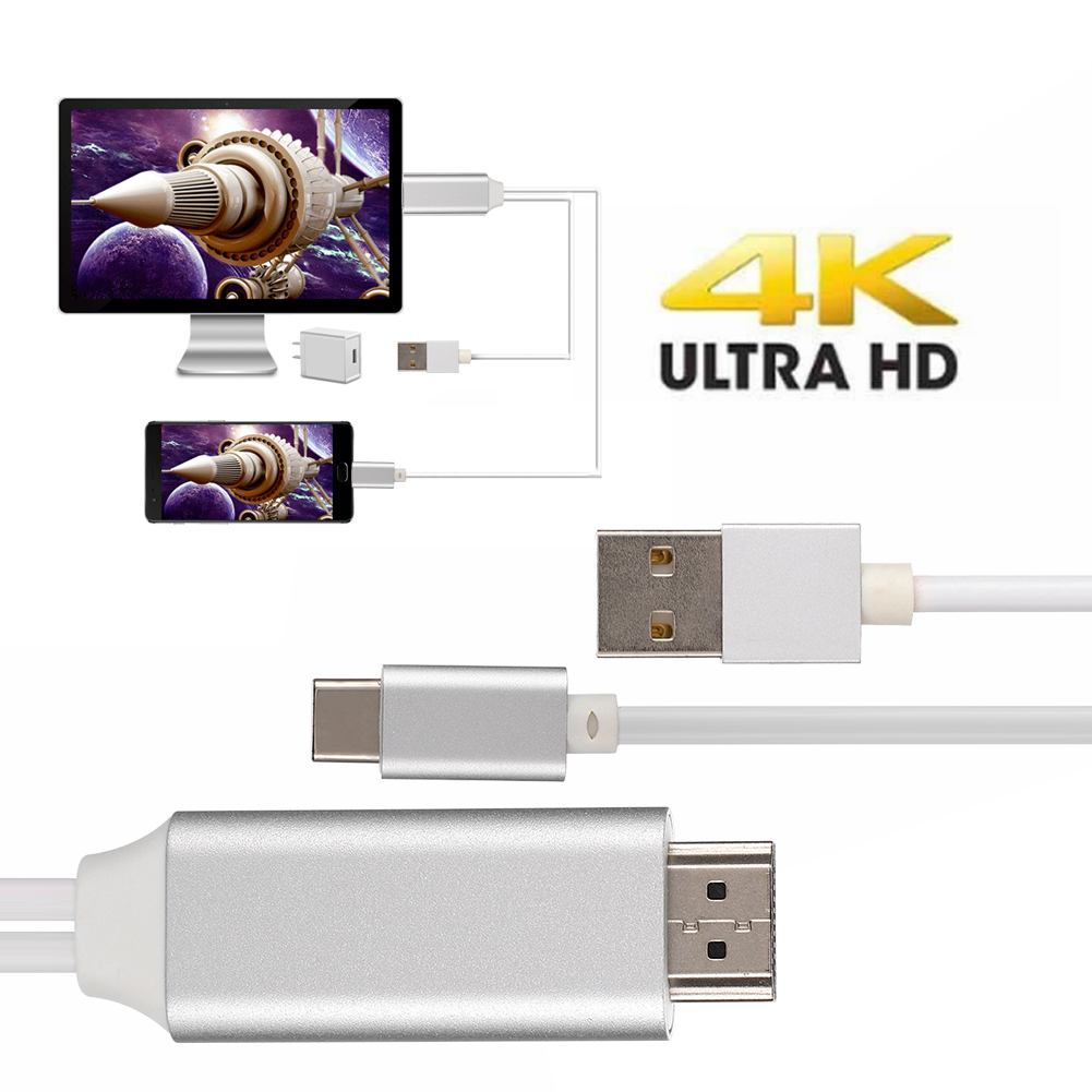 Verschiedene Kabelverbindungen für einen Monitor und ein Telefon, die 4K Ultra HD und Anschlusstypen zeigen.