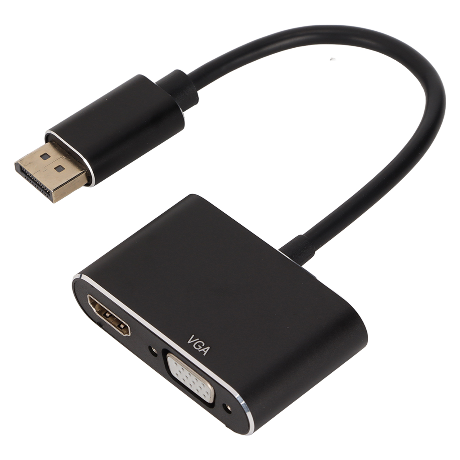 Schwarzer Adapter mit HDMI- und VGA-Anschlüssen, DisplayPort-Eingang und schwarzem Kabel.