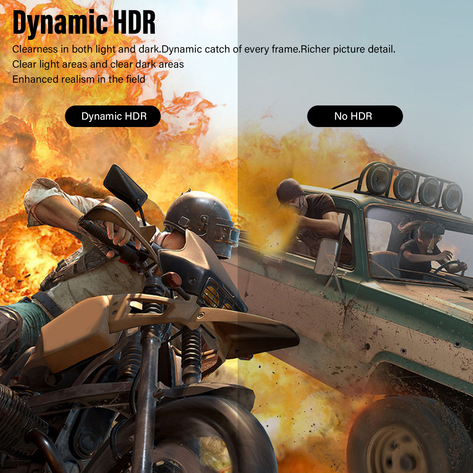 Ein geteilter Bildschirm, der Dynamic HDR vs. No HDR zeigt, mit Actionszenen von Motorrad und Truck.