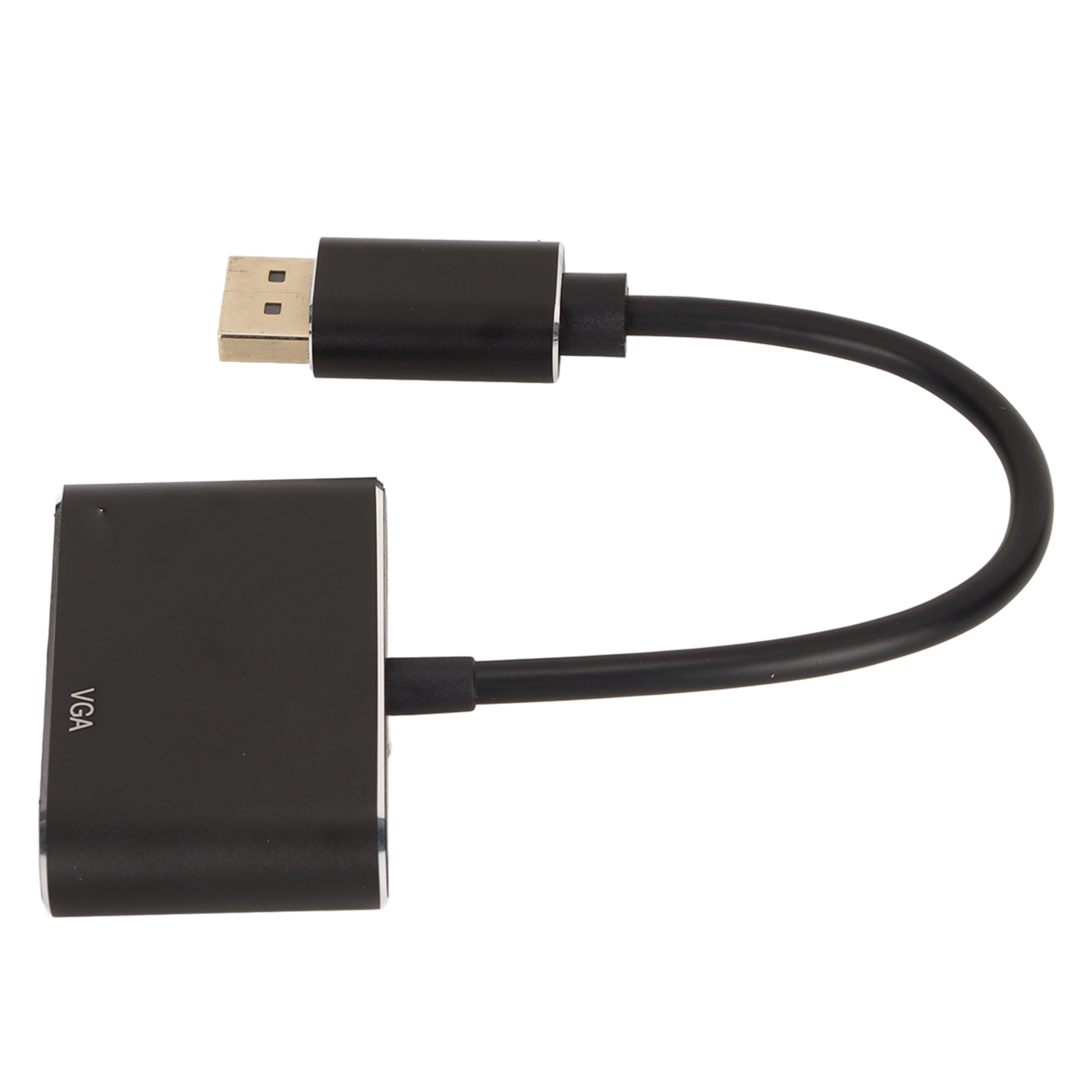Schwarzer Adapter mit DisplayPort-Eingang, VGA-Ausgang und schwarzem Kabel.