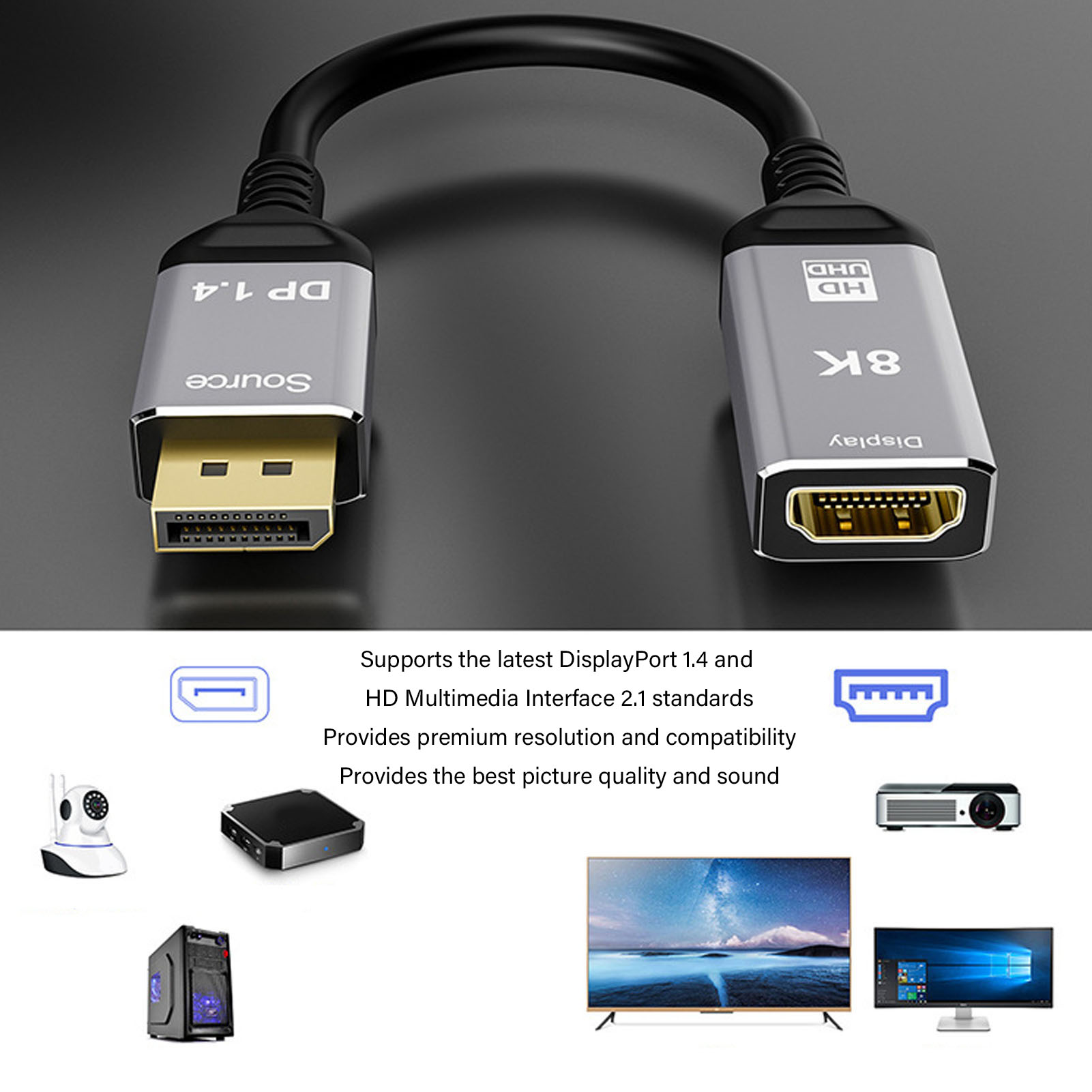 Ein DisplayPort-zu-HDMI-Adapterkabel. Verschiedene technische Geräte sind gezeigt, wie Computer und TV.