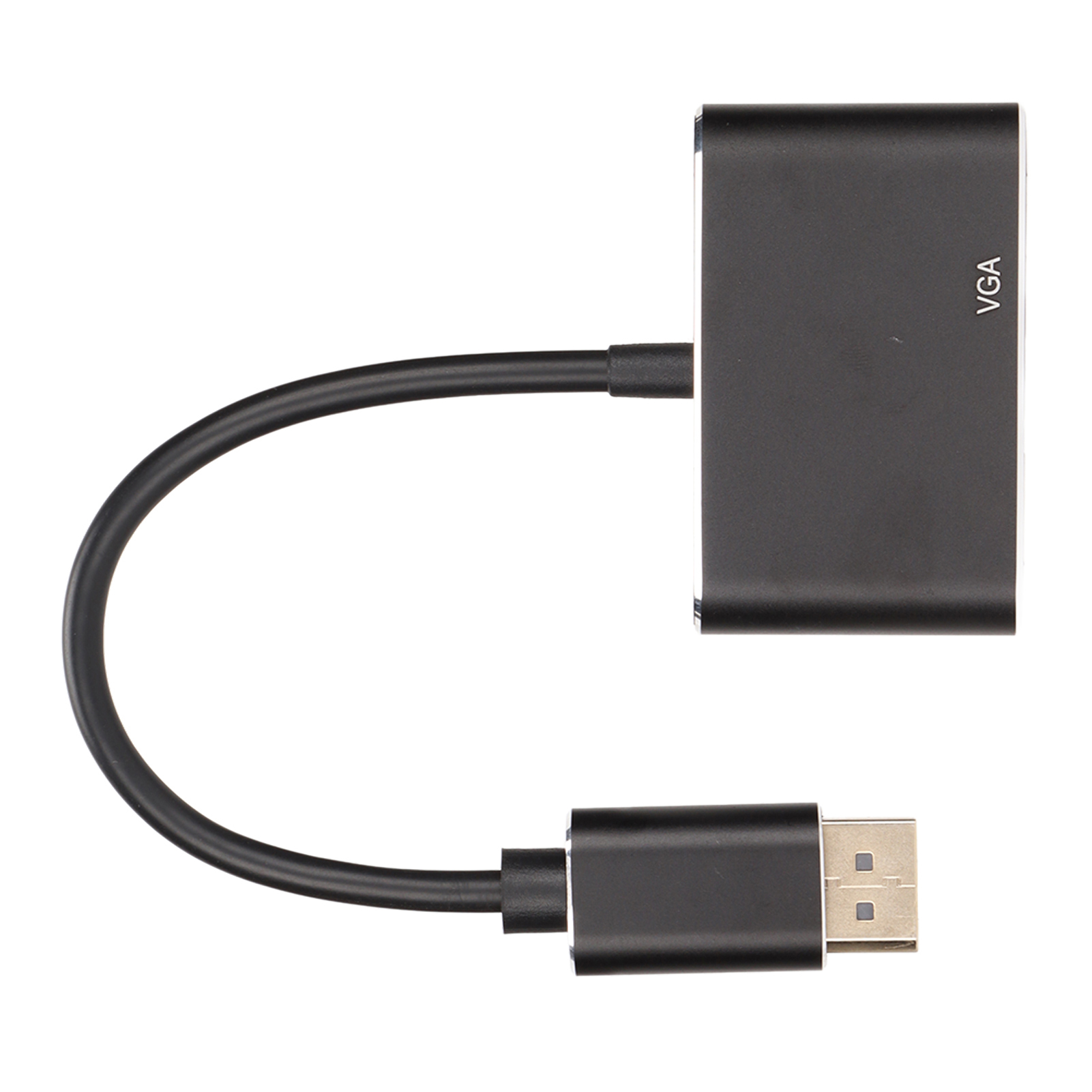 Schwarzer Adapter mit USB-Eingang und VGA-Ausgang, isoliert auf Weiß.